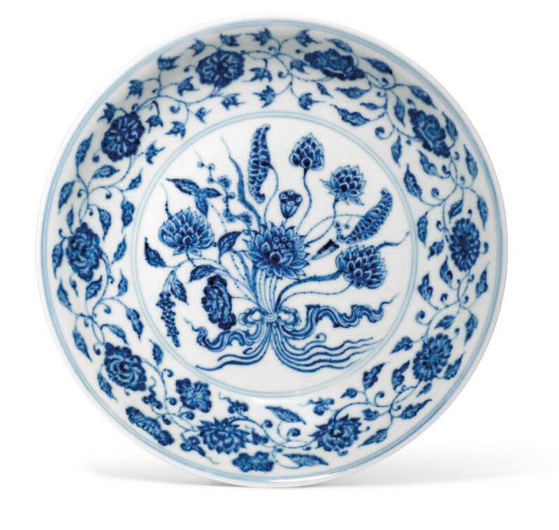 A Ming-style blue and white 'Lotus bouquet' dish, 18th century