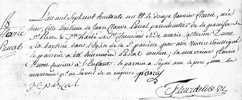 naissance Fleurie Pascal 11 janv 1781
