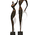 Couple amoureux, 2 statuettes en <b>papier</b> recyclé, encollé et patiné façon bronze