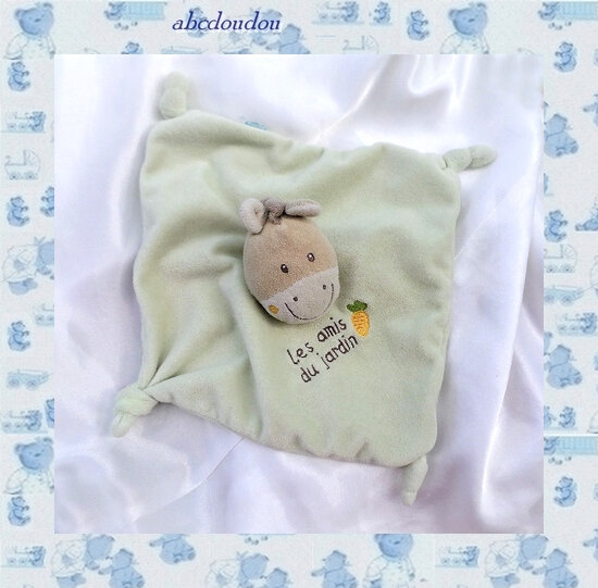 Doudou Plat Vert Cheval Ane Zèbre Broderie Carotte Les Amis du Jardin Bébérêve