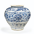 A rare blue and white glazed stoneware peony' storage jar, Vietnam, <b>15th</b> <b>century</b>