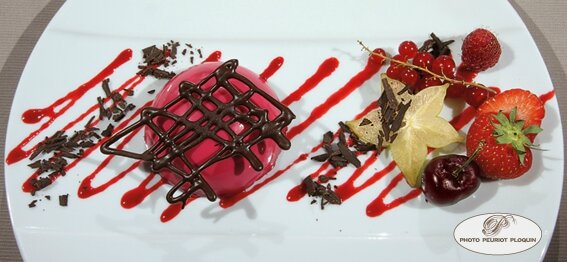 Dome_de_mousse_FRAMBOISES_coeur_CHOCOLAT_et_craquant_praline_Restaurant_du_Pont_a_Ambialet_81