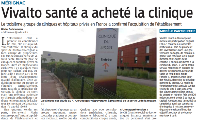 2021 07 27 SO Mérignac Vivalto santé a acheté la clinique