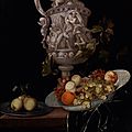 <b>Johann</b>-<b>Georg</b> <b>Hinz</b> (Hambourg ? - ? après 1670), Nature morte au vase sculpté et plats de fruits sur une table