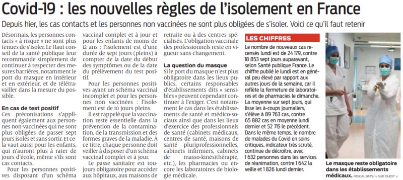 2022 03 22 SO Covid-19 Les nouvelles règles de l'isolement en France