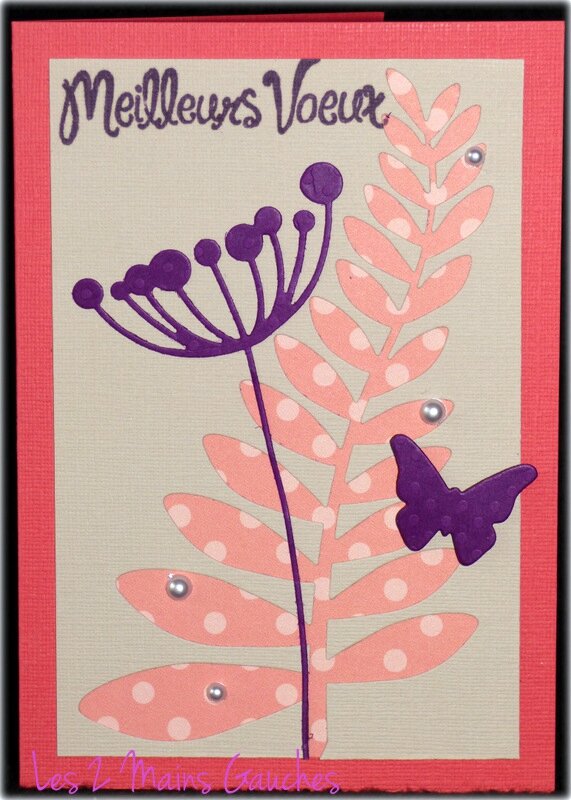 carte de voeux corail et violette avec feuillage et papillon