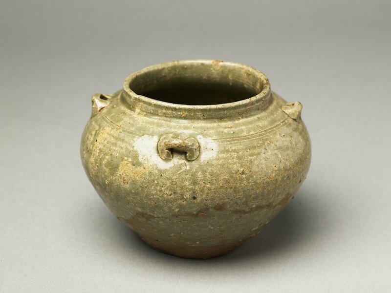 Greenware guan, or jar, with loop handles, Yue kiln-sites, 4th century AD, Western Jin Dynasty (AD 265 - 316) - Eastern Jin Dynasty (AD 317 - 420) - Six Dynasties Period (AD 221 - 589)