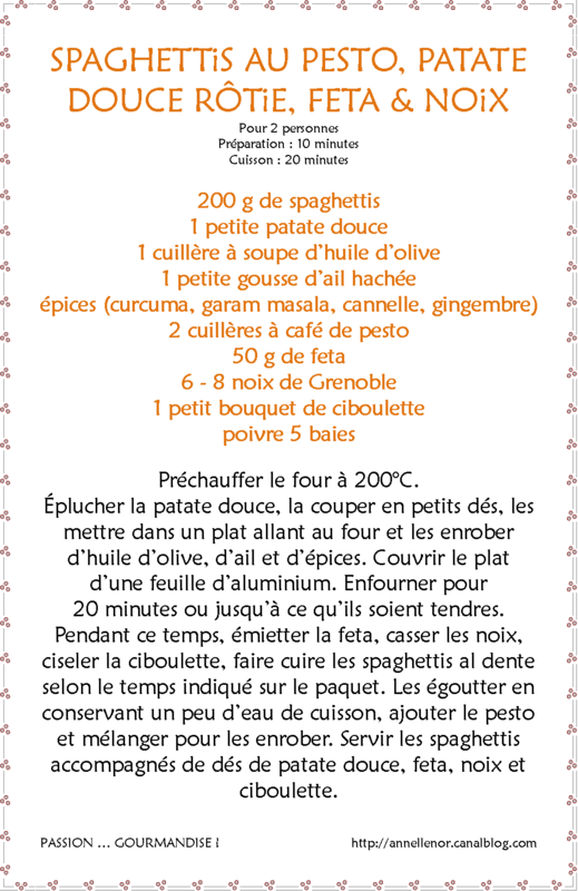 Spaghettis pesto, patate douce rôtie, feta & noix_fiche