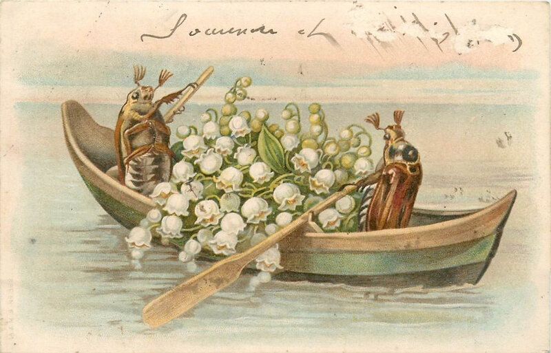 Vintage 1900s beetle bugs couple boat romance lily of the valley flowers muguets