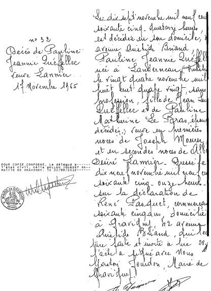 1965 le 17 novembre décès Pauline Queffellec à Gravigny