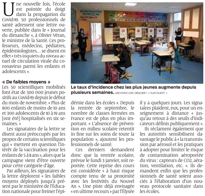 2021 12 27 SO Une tribune pour le report de la rentrée scolaire2