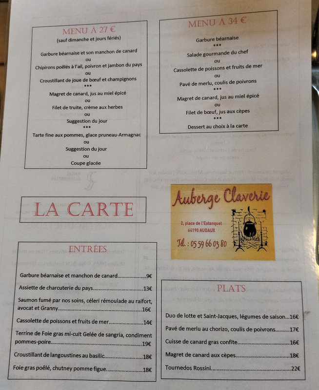 Audaux, auberge Claverie, le menu (64)