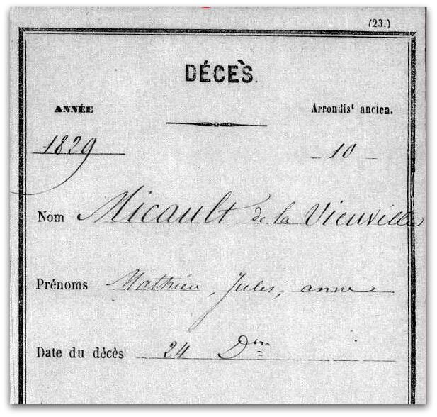 MICAULT DE LA VIEUVILLE décès 1829 Z