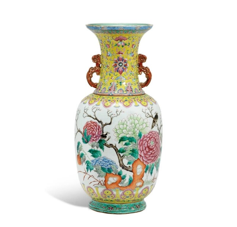 A famille rose two-handled 'birds and flowers' vase, 19th century, four-Character shende Tang Zhi mark in iron-red (2)