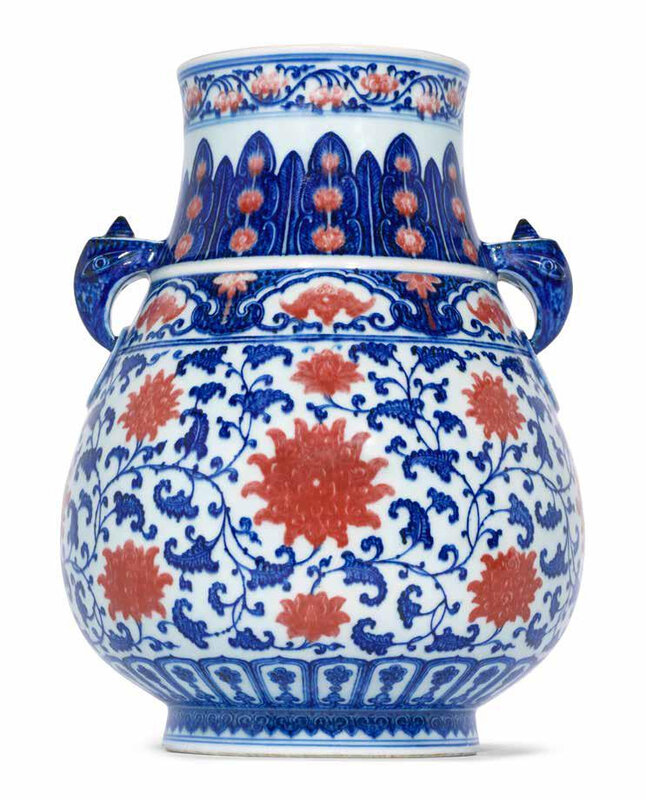 An exceptionally rare Imperial Ming-style underglaze-blue and copper-red vase, jiu'er zun, Qianlong seal mark and of the period (1736-1795)