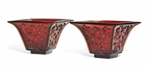 A pair of of small Chinese square-form red glass jardinières, early 20th century