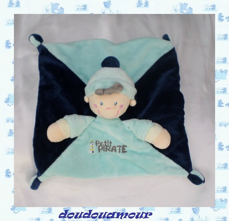 Doudou Plat Carré Poupée Garçon Lutin Bleu Petit Pirate Gemo Vetir