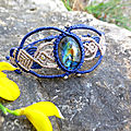 Bracelet pierre labradorite manchette en macramé bleu / argent