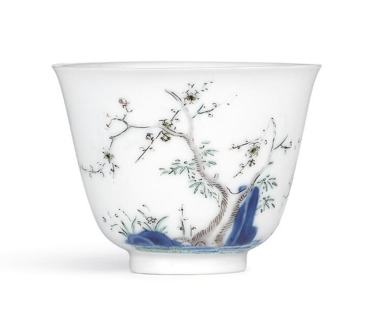 A fine and very rare wucai 'Prunus' month cup, Mark and period of Kangxi (1662-1722)