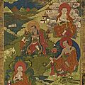 Les quatre arhat <b>Gopaka</b>, Pantaka, Abheda et Nagasena, Tibet, ca 18e siècle