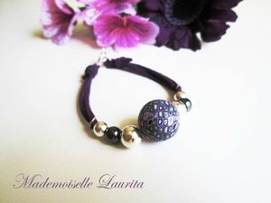 bracelet_argent_hématite_fimo_daim_violet_noir
