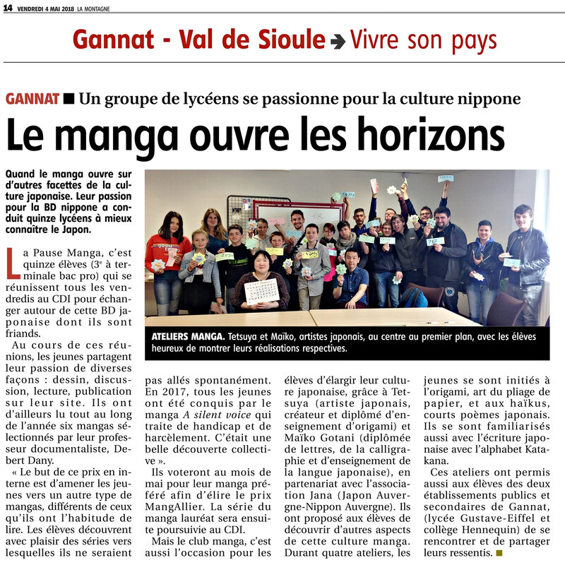 article journal La Montagne -04052018-Gannat Lycee GE