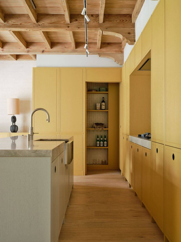 two-tone-kitchen-cabinet-ideas-yellow-cupboards-wooden-ceiling-nordroom-1125x1500