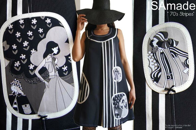 MOD 384C Robe Trapèze Graphique Noir blanc esprit année 70 créateur Couture