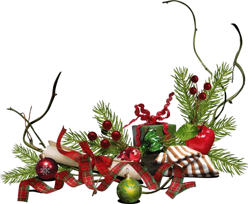 Gif Noël Branchage, cadeaux, boules et ruban droite 487 pixels