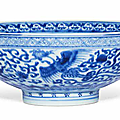  A very rare blue and white '<b>phoenix</b>' <b>bowl</b>, Wanli six-character mark and of the period (1573-1619)
