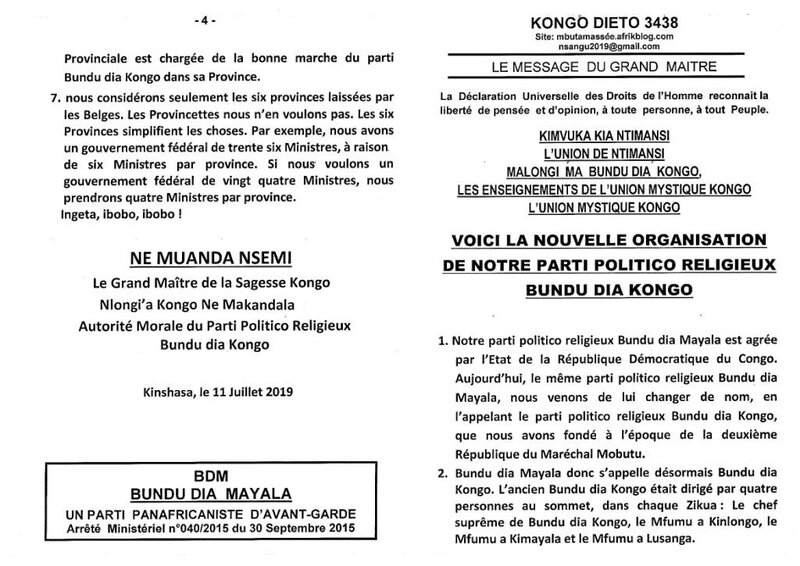 VOICI LA NOUVELLE ORGANISATION DE NOTRE PARTI POLITICO RELIGIEUX BUNDU DIA KONGO a