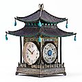 A Chinese Export Silver, Enamel and Jade Pagoda-Form <b>Table</b> <b>Clock</b>, 1st half 20th century