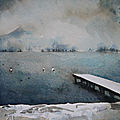 Aquarelle du <b>lac</b> d'<b>Annecy</b> par temps de neige, un ponton blanc...