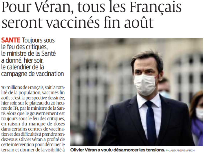 2021 01 22 SO Pour Véran tous les français seront vaccinés fin août
