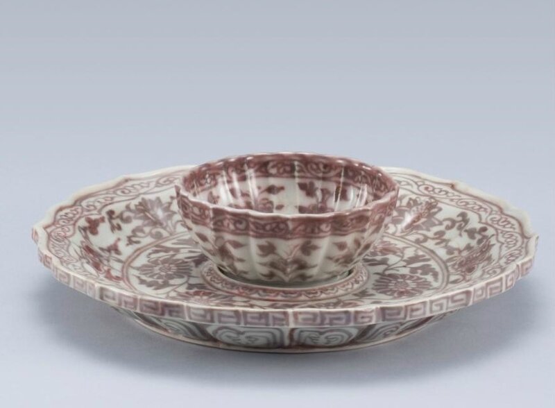 A rare underglaze-red 'Floral' cup and cupstand, Ming Dynasty, Hongwu Period '1368-1398)
