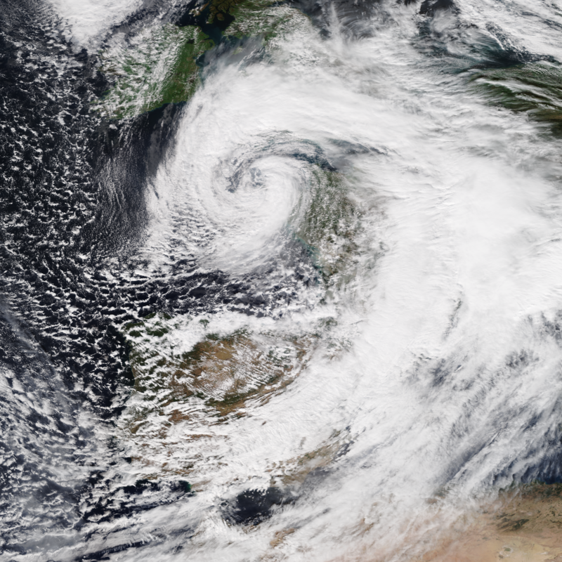 Storm Alex, the first storm of the 2020–21 European windstorm season, making landfall in Brittany, France on 2 October 2020 while at peak intensity (auteur author Nasa Worldview)
