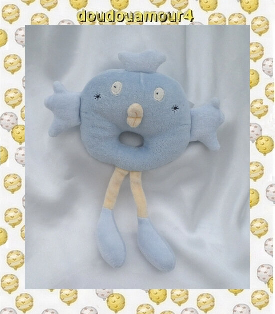 Doudou Peluche Hochet Oiseau Bleu Couronne Sucre D'Orge