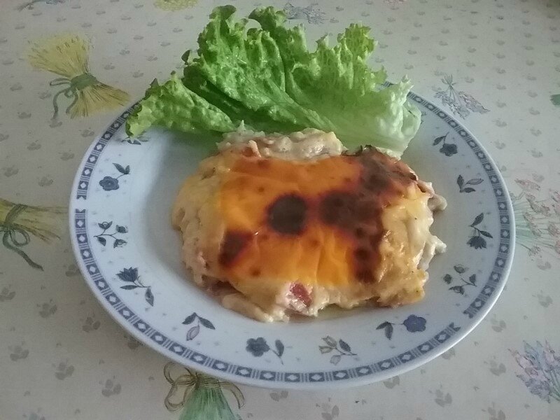 Gratin de purée de bananes vertes au jambon à la dominicaine - Mangú gratinado de guineos con jamón1