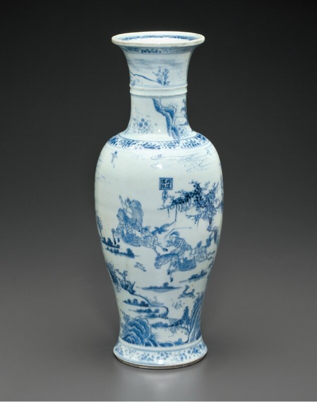 A rare large blue and white vase with hunting scene, Early Kangxi period, circa 1680