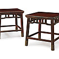 A pair of zitan square corner-leg stools, <b>fangdeng</b>, Late Qing dynasty