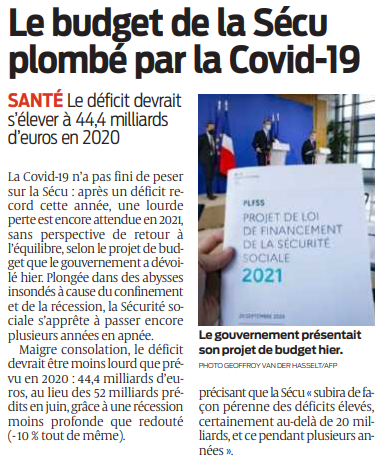 2020 09 30 SO Le budget de la Sécu plombé par la Covid 19