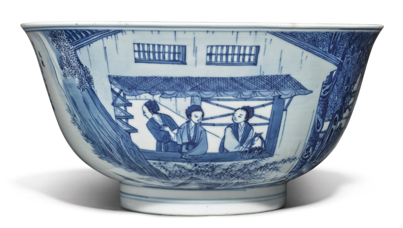 A rare blue and white 'Silk Production' bowl, Kangxi mark and period (1662-1722)