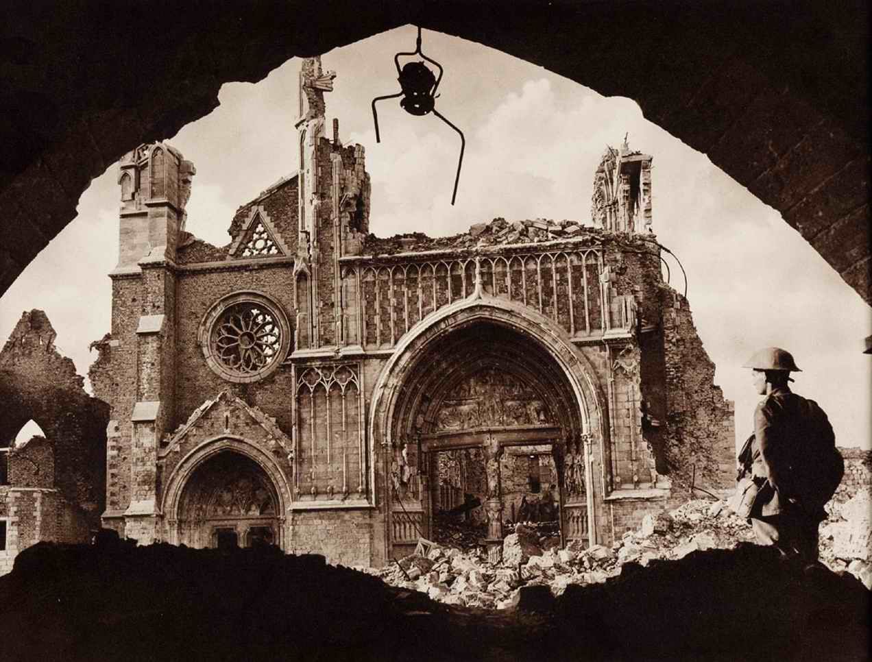 The ruined Cathedral, Ypres, viewed from the Cloth Hall