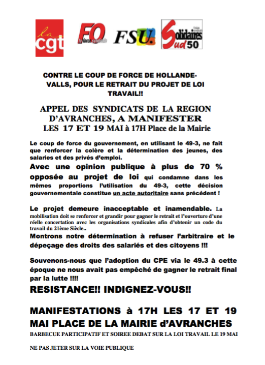 manifestation loi travail Avranches 17 19 mai 2016