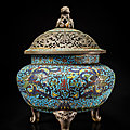 An extremely rare large cloisonné <b>enamel</b> tripod incense burner and cover, Ming dynasty, Wanli period (1573-1619)