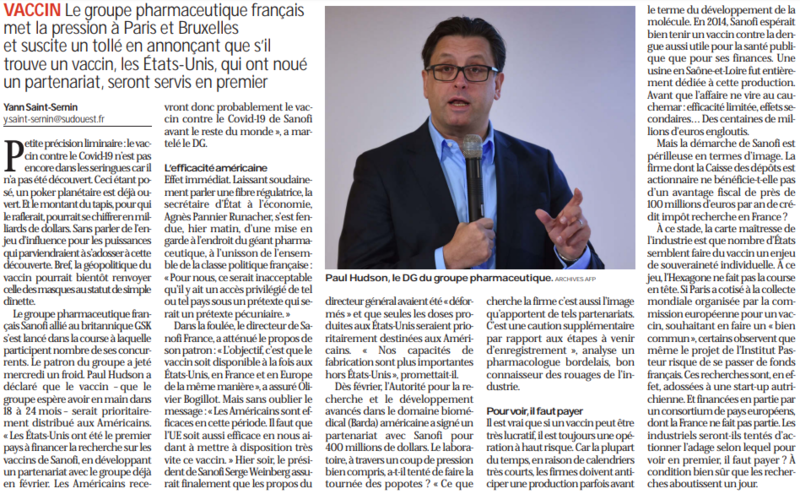 2020 05 15 SO Les laboratoires SANOFI jette un froid 2