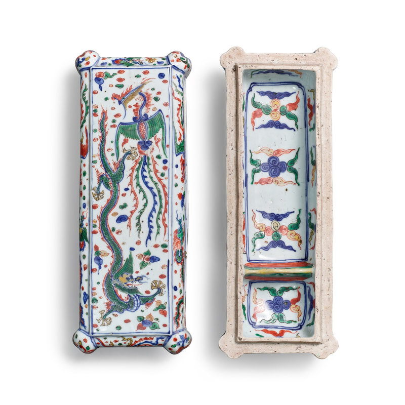 A wucai rectangular 'dragon and phoenix' brush box and cover, Mark and period of Wanli
