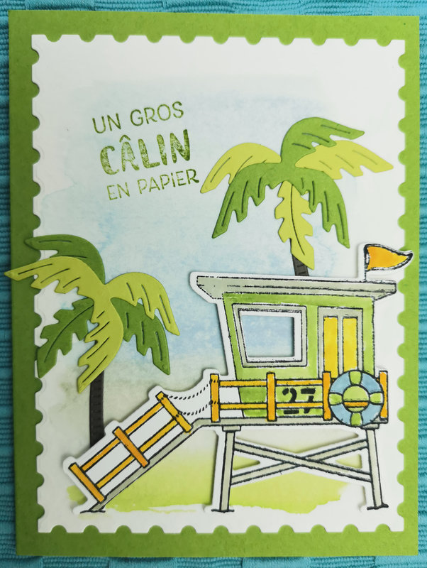 12b Carte Journée sous les cocotiers Beach day fond aquarellé découpe Timbres intemporels