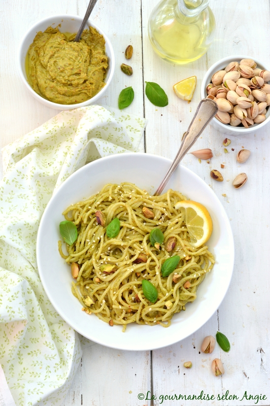 spaghetti pesto pistache citron basilic vegan