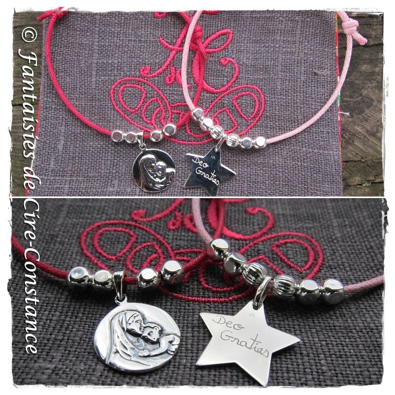 Duo bracelet coton ciré rose et fushia argent massif-3